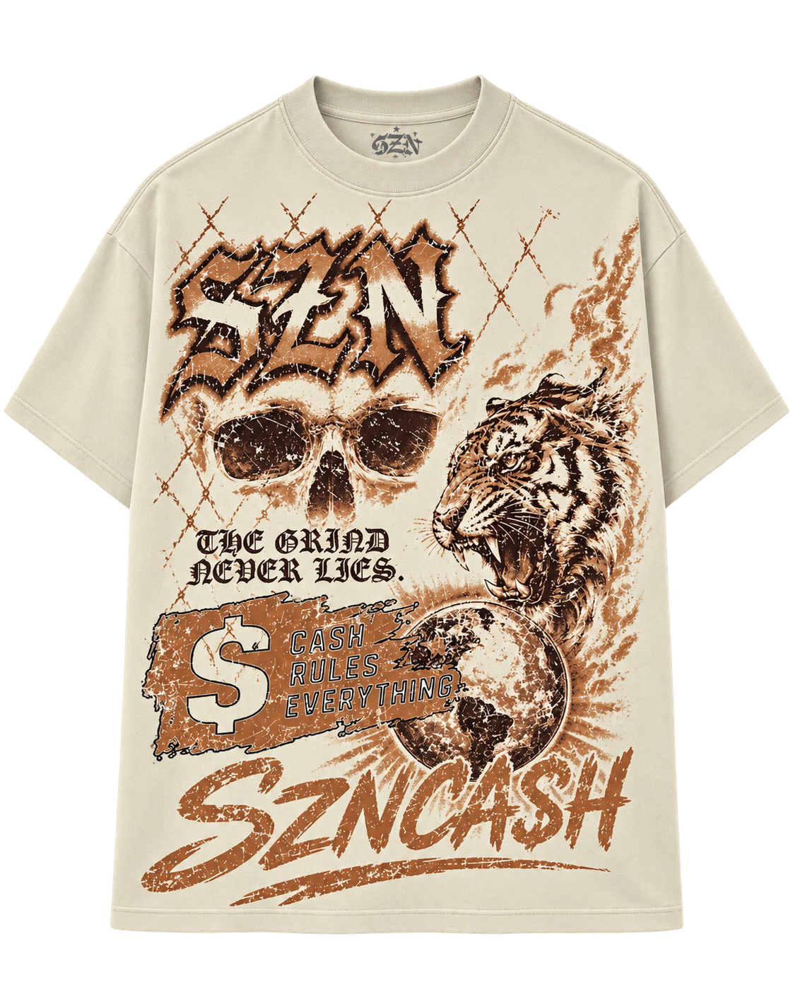 SZN No Mercy Skull Tiger Tee Cream